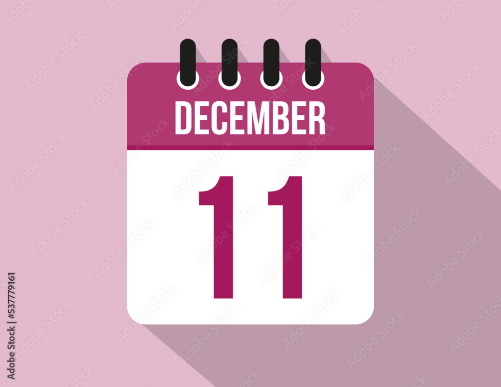 11 day December calendar. Calendar vector for December in pink color on light background 11 day December calendar. Calendar vector for December in pink color on light background