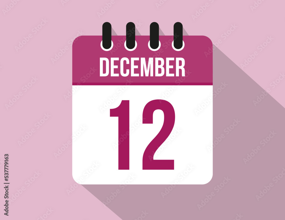 12 day December calendar. Calendar vector for December in pink color on light background 12 day December calendar. Calendar vector for December in pink color on light background