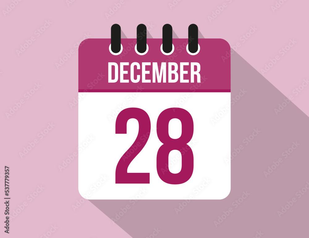 28 day December calendar. Calendar vector for December in pink color on light background 28 day December calendar. Calendar vector for December in pink color on light background