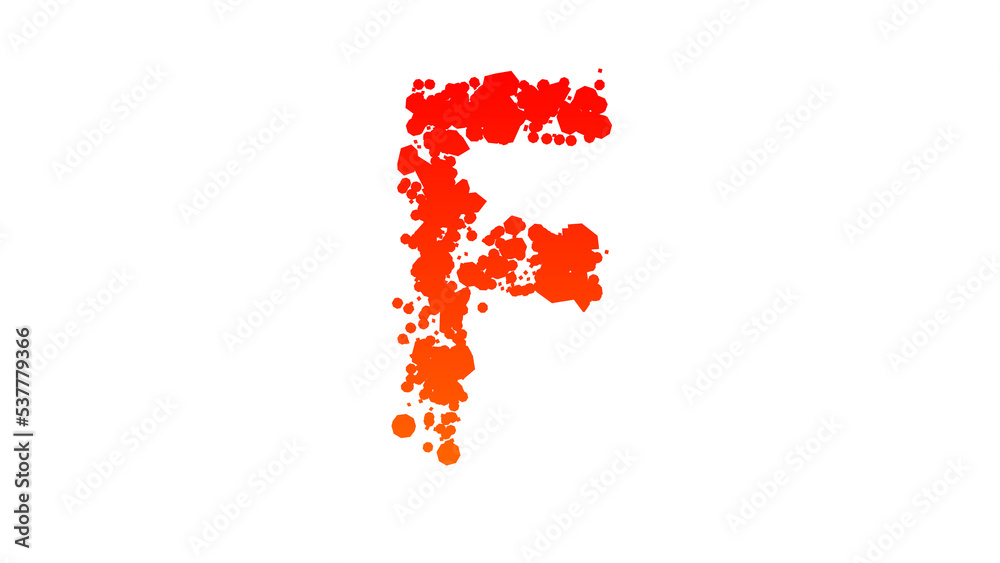 orange - red cartoon stain patches style alphabet, letter F, isolated - object 3D illustration