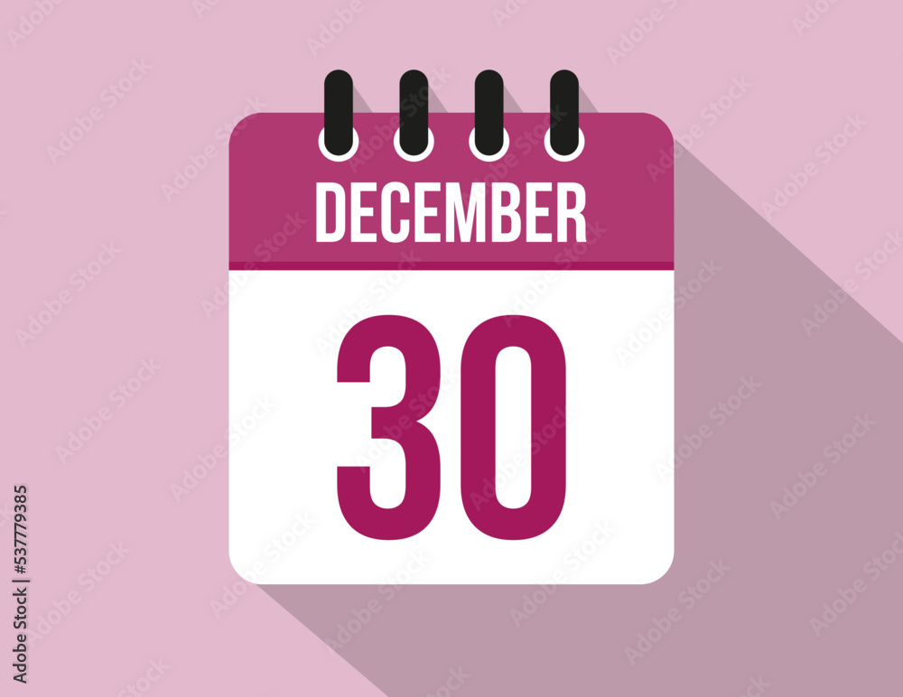 30 day December calendar. Calendar vector for December in pink color on light background 30 day December calendar. Calendar vector for December in pink color on light background