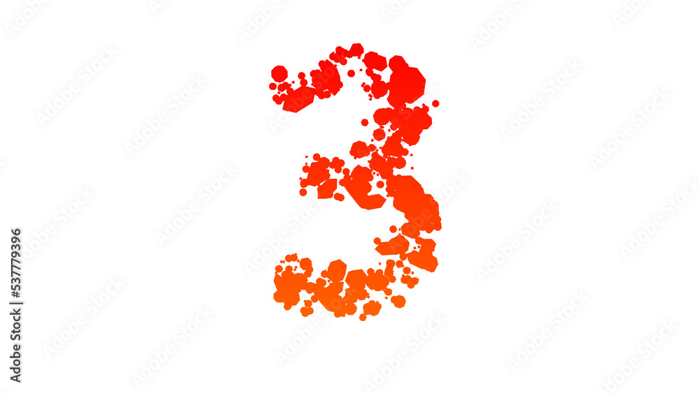 orange - red cartoon stain blots style alphabet, number 3, isolated - object 3D illustration