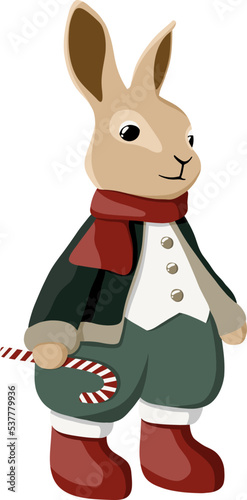 Christmas bunny in bright clothes, with a red scarf and a candy in his hand