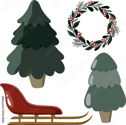 Set of Christmas trees, leafy wreath and red sleigh