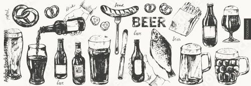 Hand drawn beer bottles, glasses, mugs, beer snack, pretzel, sausage, fish illustration