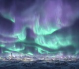  digital art painting of a legendary mythical city in tundra at night, Aurora Borealis, 3d render, Northern lights