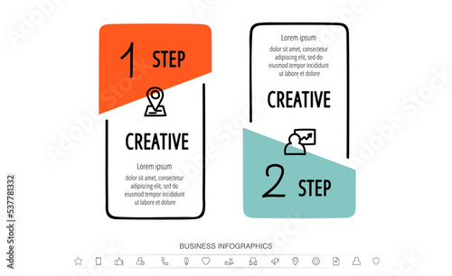 Modern infographic template. Vector business numbered rectangular frames with 2 steps, circles for two options, multi-color, labels. Progress concept with parts for presentation, chart