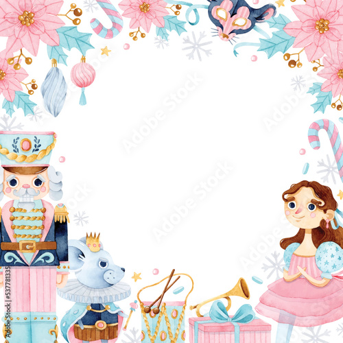 Nutcracker, Mouse King and ballet dancer floral watercolor frame for greeting card	