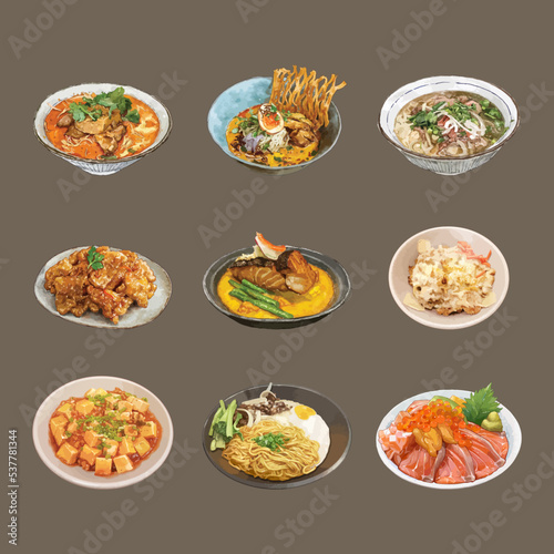 Set of Watercolor Japanese Food Vector Illustration