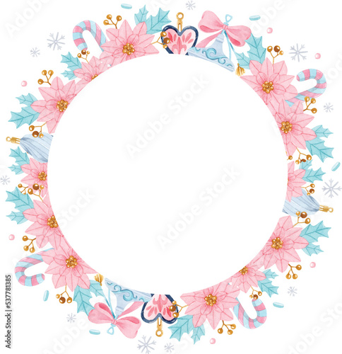 Watercolor Christmas round frame with pink poinsettias, ornaments and candy canes for invitations and cards