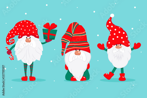 Three cute Christmas gnomes. Vector characters in flat style. Set of Christmas gnomes with gifts candies illustration.