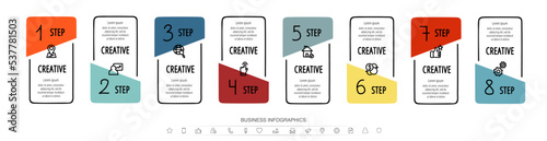 Modern infographic template. Vector business numbered rectangular frames with 8 steps, circles for eight options, multi-color, labels. Progress concept with parts for chart, annual report.