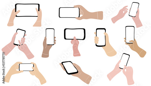 Set of human hands holding mobile phone with blank screen, isolated on white background. Vector illustration