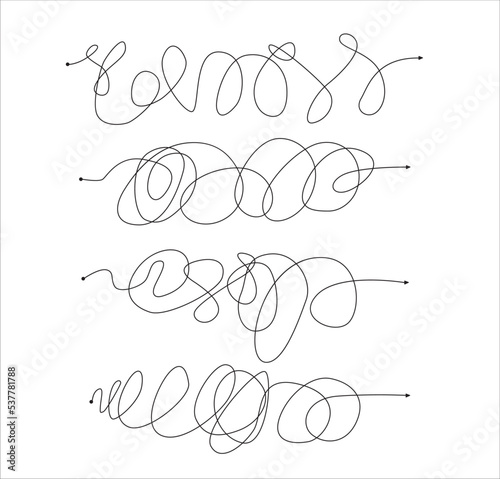 Confusing path lines vector illustration set. Children's game. Starting point Hand drawn doodle. Messy arrow lines.