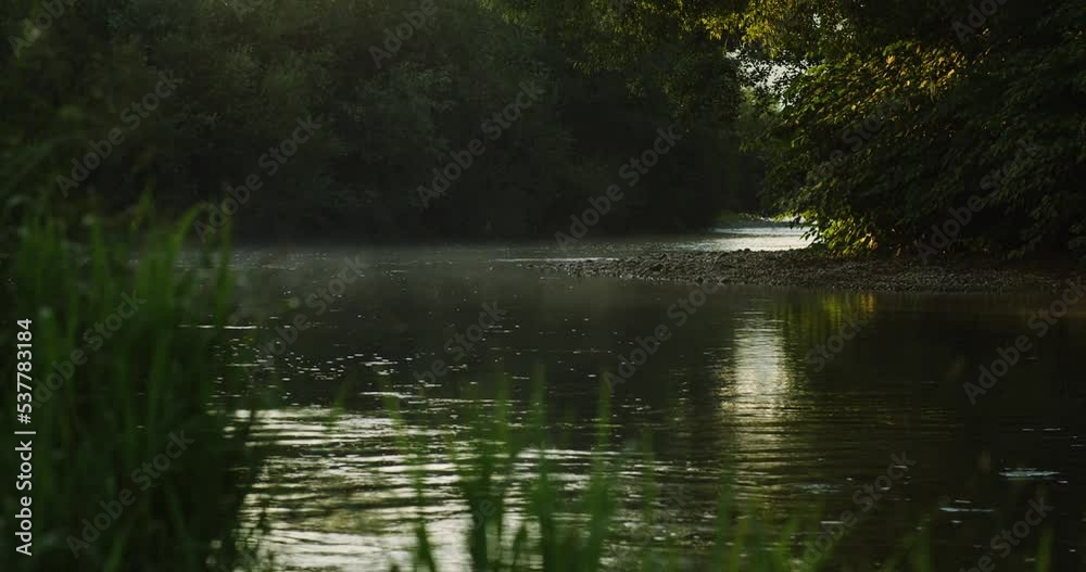 Fog on mountain river. Golden sunlight rising moving orange mist on water surface Forest background and beautiful peaceful reflections Fog on mountain river. Golden sunlight rising moving orange mist on water surface Forest background and beautiful peaceful reflections
