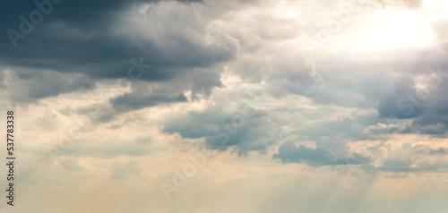 Dramatic Sky Background. Panoramic view of Stormy Clouds in Dark sky