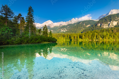 Lake Tovel reflection symmetry in Trentino-Alto Adige  Dolomites  Italy