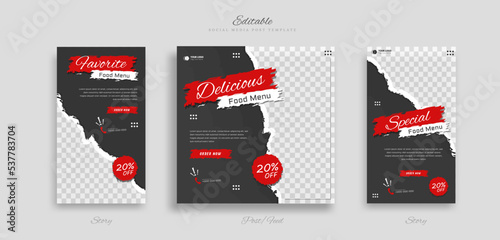set editable food menu social media post and story template. vector illustration