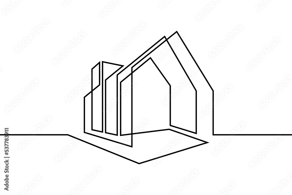 Modern house in continuous line art drawing style. Contemporary building architectural model black linear design isolated on white background. Vector illustration - obrazy, fototapety, plakaty 