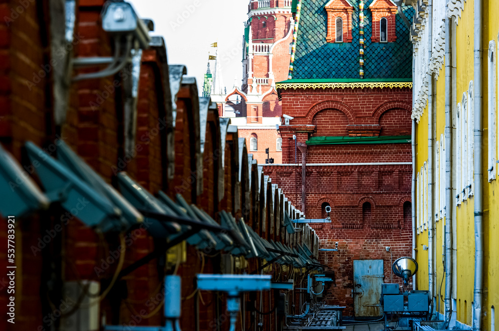 Old Kremlin fortress wall and towers near Red Square in Moscow, Russia