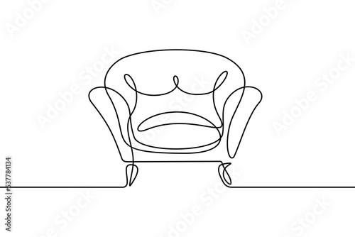 Armchair in continuous line art drawing style. Front view of classic upholstered armchair black linear sketch isolated on white background. Vector illustration