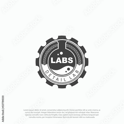 retro modern simple badge labs bottle and gear for labs, laboratory or chemical logo design vector