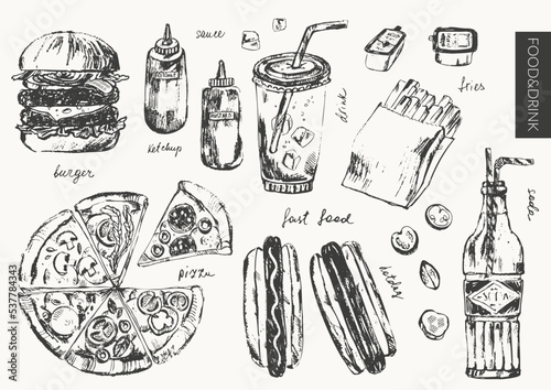 Hand drawn ink food sketches.