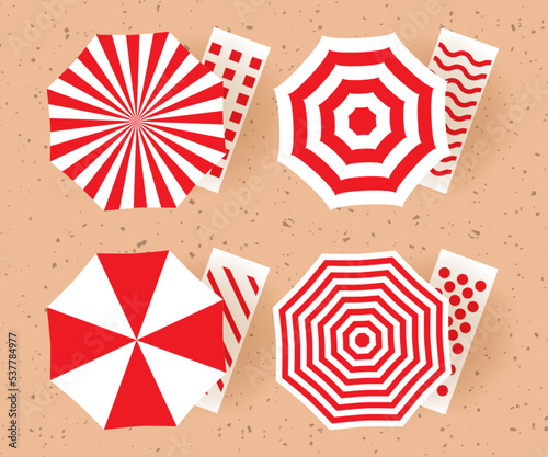 Beach umbrella and beach chairs of different design. Top view. Summer concept vector illustration