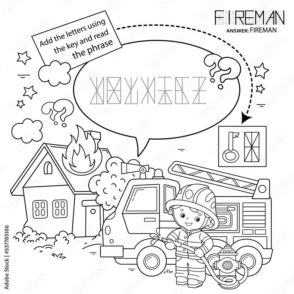 Obraz premium Puzzle Game for children. Coloring Page Outline Of cartoon fireman or firefighter with fire truck. Fire fighting. Coloring book for kids.