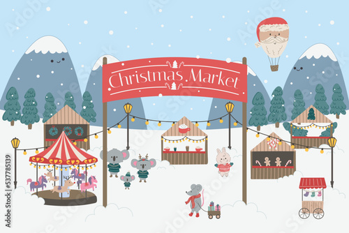 Christmas market and holiday fair elements poster template with animal cartoon characters.