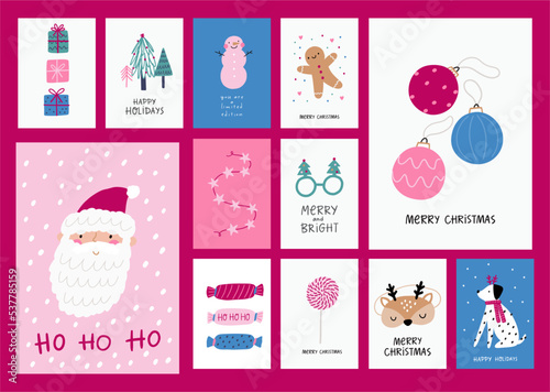 Merry Christmas cards set in flat style. Funny vector card or poster for winter holidays and new year party.