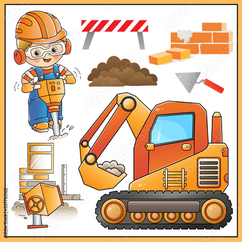 Cartoon images of big crawler excavator and worker with jackhammer. Building tools. Construction vehicles. Profession. Colorful vector set of illustrations for kids.