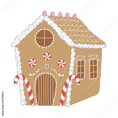 Christmas gingerbread house decorated with sweets in hand draw style. New Year and Christmas concept for holiday decor