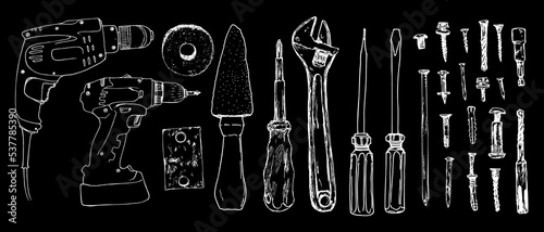 vintage set of tools. drill bits and wrench, screwdriver, bolts, nails, screws, whetstone, white outline on black for the design template. Vector concept. Hand-drawn. Development of a technological co