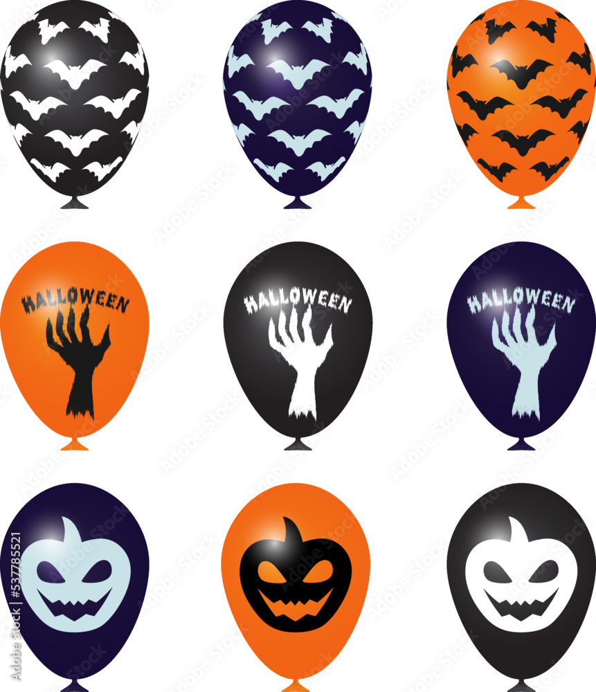 A set of balloons for Halloween. Realistic black, orange, purple balls with a bat, an inscription and text, a hand, a pumpkin A set of balloons for Halloween. Realistic black, orange, purple balls with a bat, an inscription and text, a hand, a pumpkin