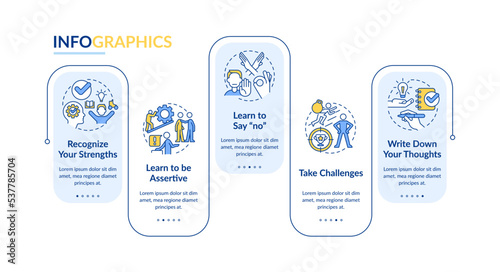 Improving self esteem ways rectangle infographic template. Data visualization with 5 steps. Editable timeline info chart. Workflow layout with line icons. Lato-Bold, Regular fonts used
