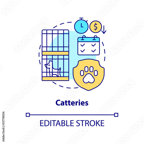 Catteries concept icon. Pet care services. Animal grooming house. Dog and cat sitting abstract idea thin line illustration. Isolated outline drawing. Editable stroke. Arial, Myriad Pro-Bold fonts used