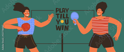 Two female athletes playing ping pong. Table tennis tournament. Active young women compete in a sports game. Table tennis ping pong match. Hand drawn vector illustration, horizontal banner, poster.