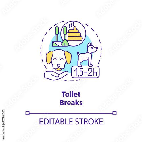 Pets toilet breaks while traveling concept icon. Long trip with domestic animals tip abstract idea thin line illustration. Isolated outline drawing. Editable stroke. Arial, Myriad Pro-Bold fonts used