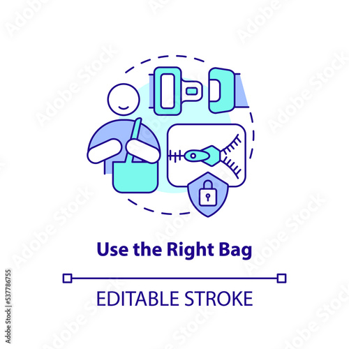 Use right bag concept icon. Prevent grabbing while traveling. Trip safety tip abstract idea thin line illustration. Isolated outline drawing. Editable stroke. Arial, Myriad Pro-Bold fonts used