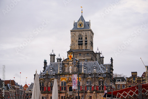 Markt , Stadhuis delft , Nieuwe church , the main square in old town of Delft during winter cloudy day : Delft , Netherlands : November 28 , 2019