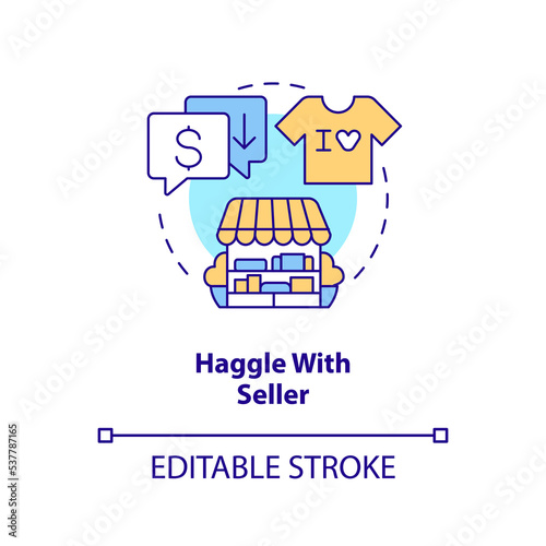 Haggle with seller concept icon. Lowering price. Sales bargaining. Save travel money abstract idea thin line illustration. Isolated outline drawing. Editable stroke. Arial, Myriad Pro-Bold fonts used