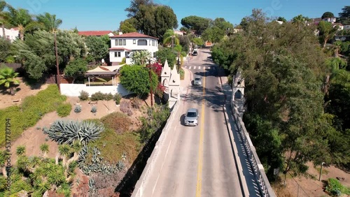 Los Feliz, Los Angeles, California USA. Aerial View of Traffic on Shakespeare Bridge on Sunny Day photo