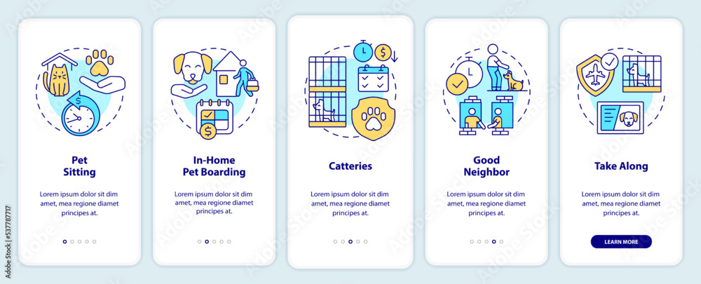 Pet boarding options onboarding mobile app screen. Animal care service walkthrough 5 steps editable graphic instructions with linear concepts. UI, UX, GUI template. Myriad Pro-Bold, Regular fonts used