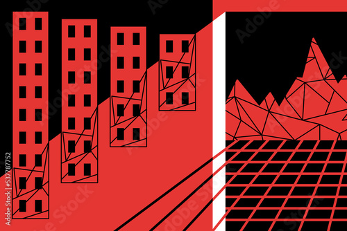 Window into virtual reality. VR and real life connected. Black red white vector illustration. Metaverse penetrate into city. Triangular grid.