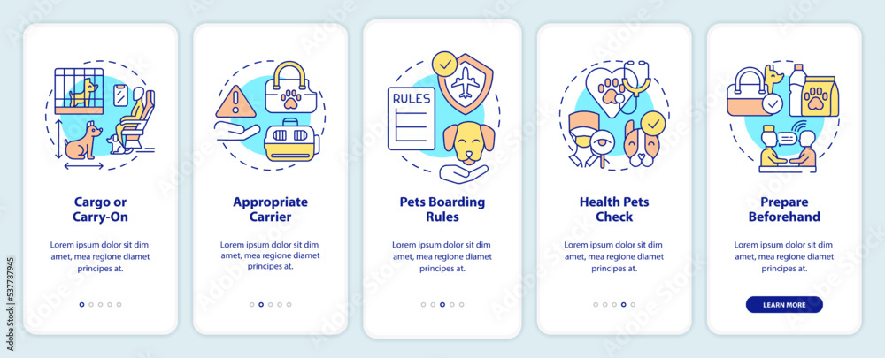 Flying with pets onboarding mobile app screen. Transport animal abroad walkthrough 5 steps editable graphic instructions with linear concepts. UI, UX, GUI template. Myriad Pro-Bold, Regular fonts used