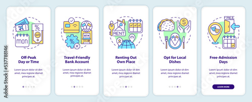 Saving travel tips onboarding mobile app screen. Reduce trip costs walkthrough 5 steps editable graphic instructions with linear concepts. UI, UX, GUI template. Myriad Pro-Bold, Regular fonts used