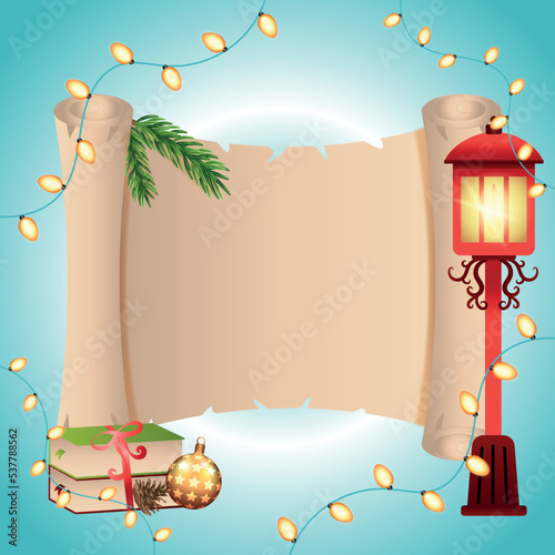 Christmas card with holiday elements composition.