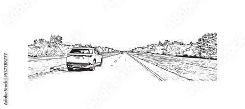 Building view with landmark of Palm Bay is the 
city in Florida. Hand drawn sketch illustration in vector.