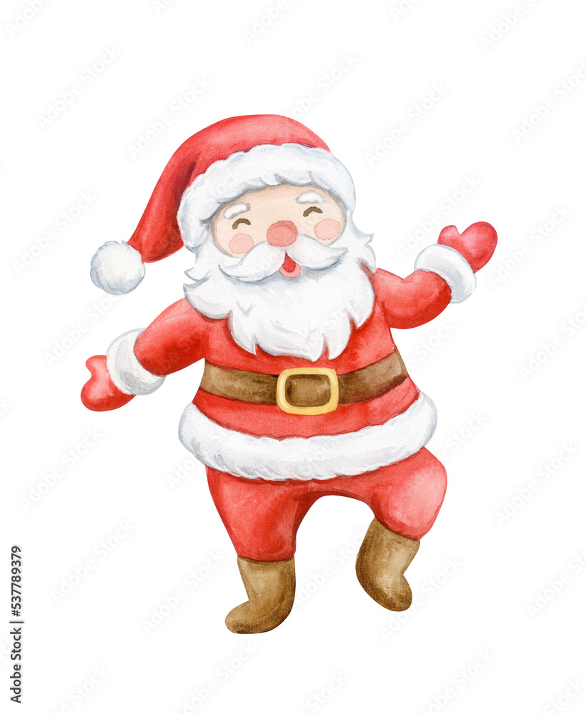 Happy dancing Santa Claus cartoon isolated on white background. watercolor illustration. Template Clip art. Happy dancing Santa Claus cartoon isolated on white background. watercolor illustration. Template Clip art.